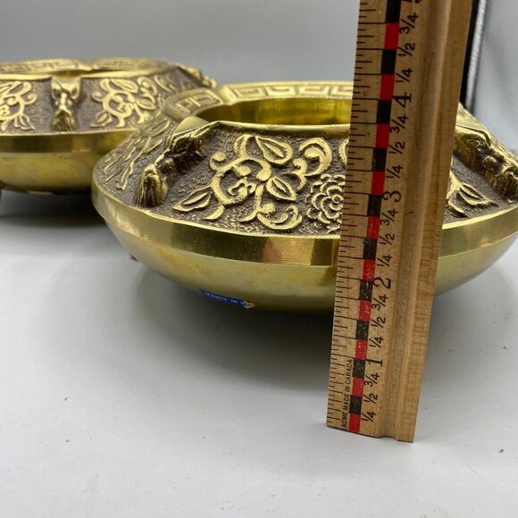 Vintage Ornate Brass Ashtrays: Mid Century Oriental Decor, Set of 2 - Picture 8 of 9